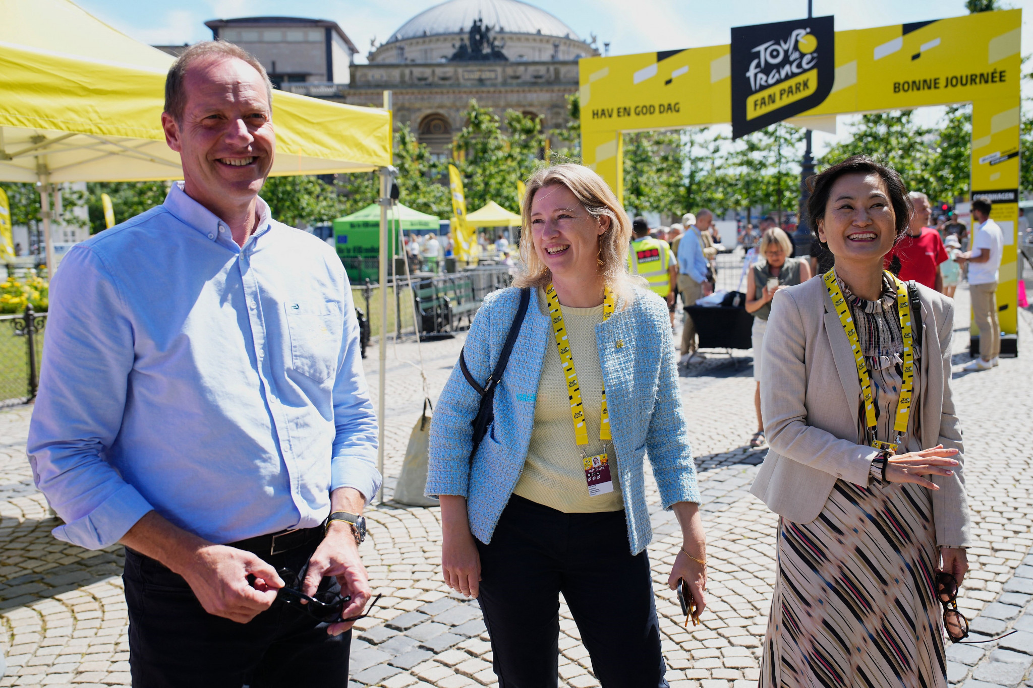 Tour de France general director Christian Prudhomme, left, and Lord Mayor of Copenhagen Sophie Hæstorp Andersen, centre, have high hopes for the Grand Départ which is due to start on Friday ©Getty Images
