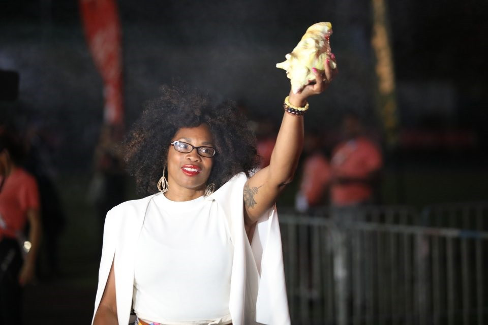 The conch shell arrived at the Stade Des Abymes to mark the start of the first-ever Caribbean Games ©Panam Sports