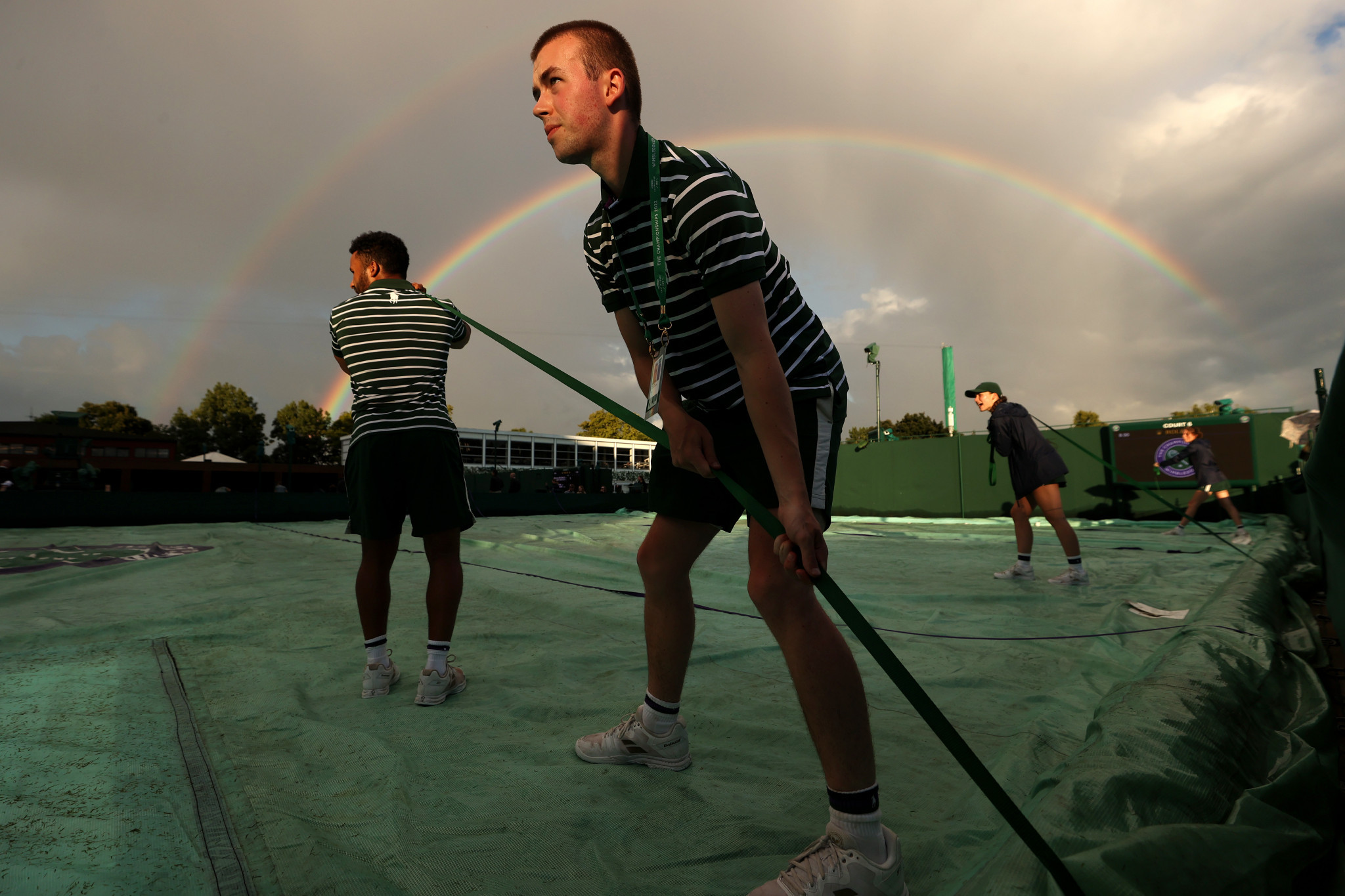 A rainbow appears over SW19 during an early evening weather delay at Wimbledon ©Getty Images