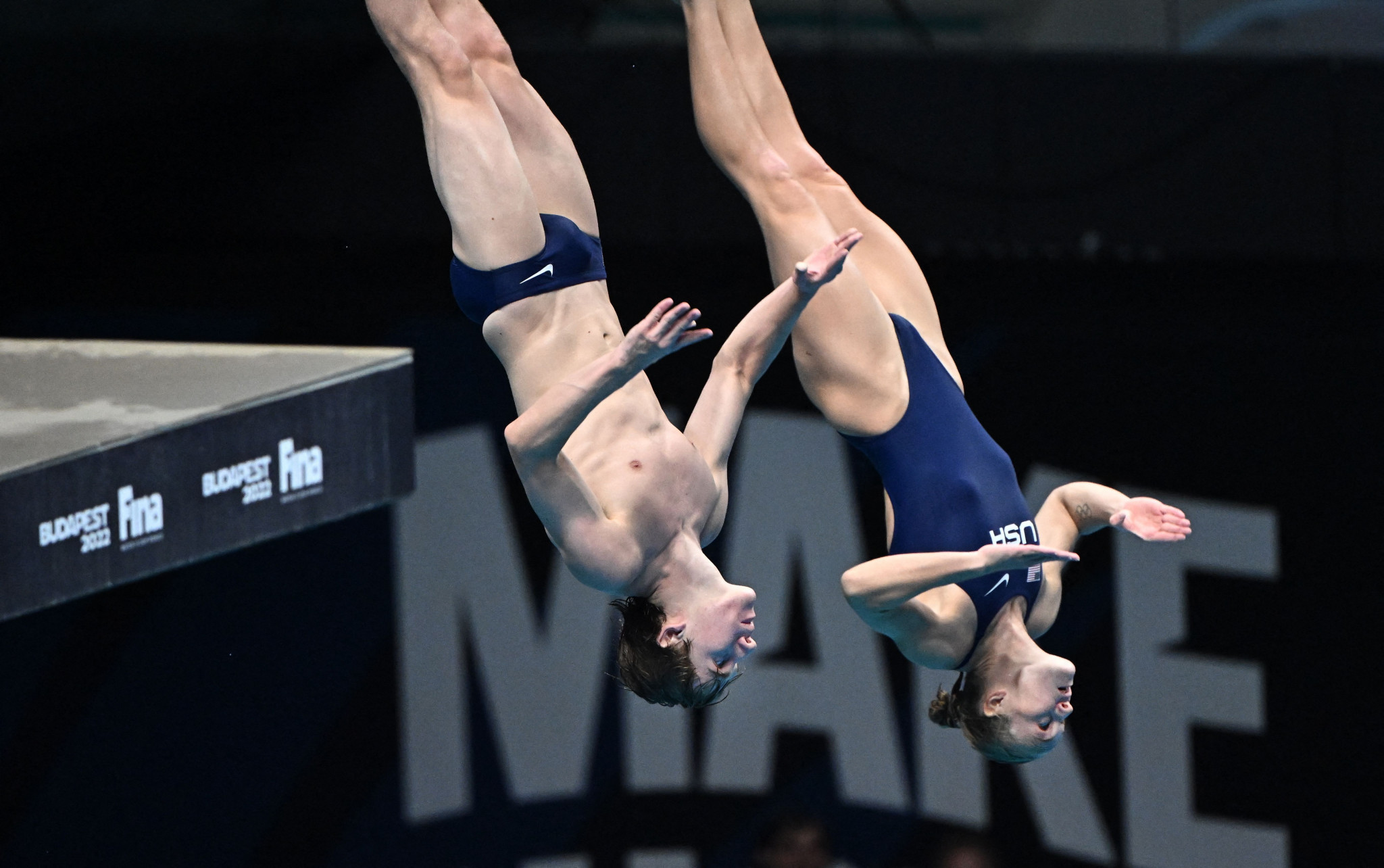 Delaney Schnell, right, and Carson Tyler, left, took bronze in the mixed 10m platform synchronised event for the United States ©Getty Images