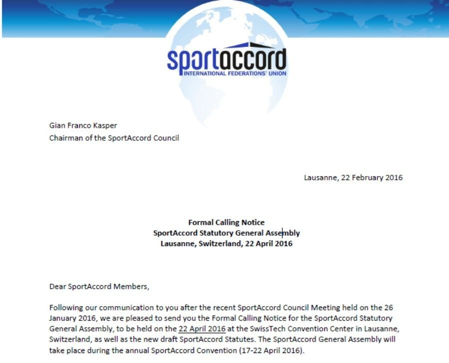A formal calling notice was sent out last week to SportAccord members for the General Assembly on April 22, at which the election to choose a new President will take place ©ITG