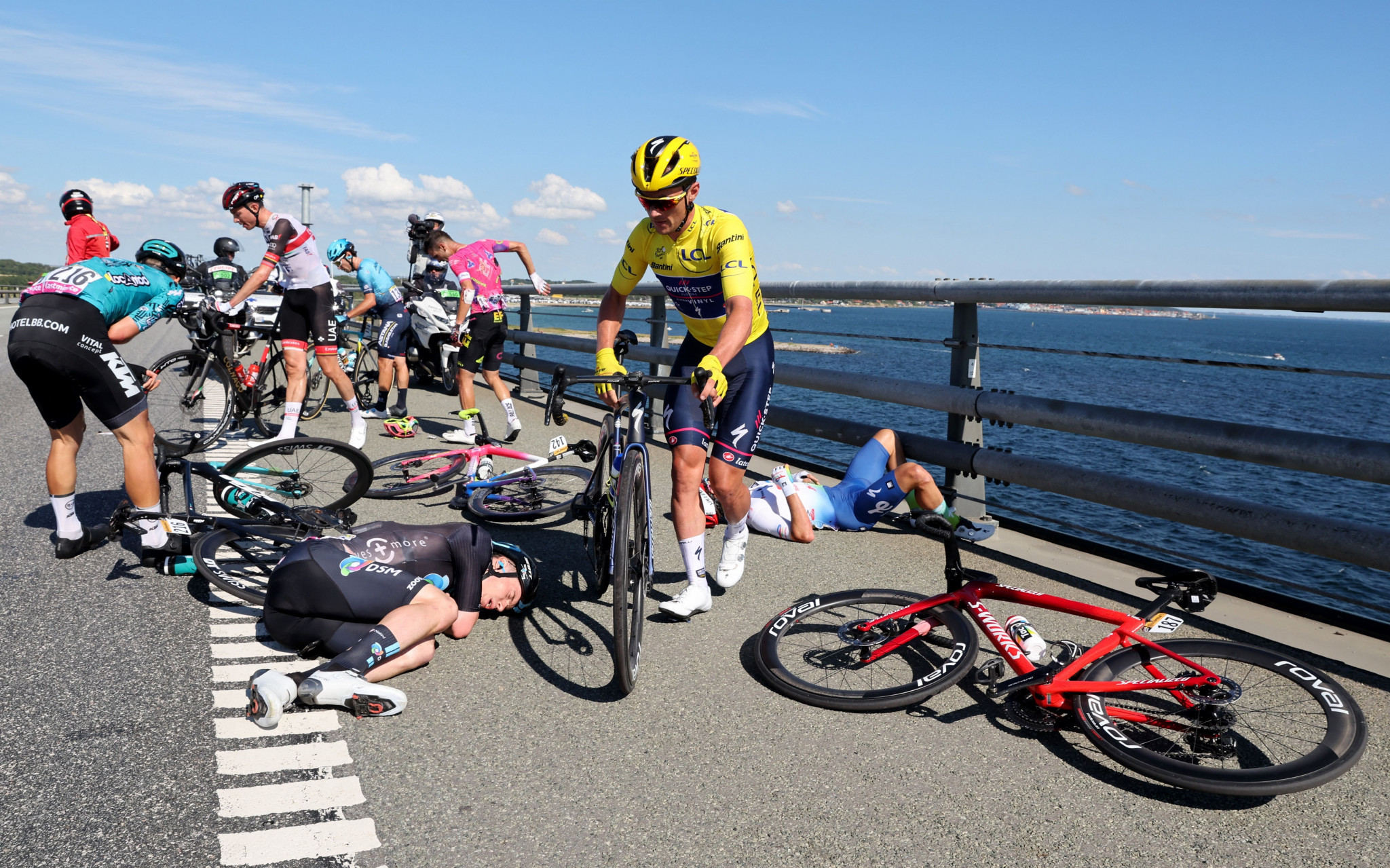 Yves Lampaert was among several riders to go down in a huge crash on the Great Belt Bridge ©Getty Images