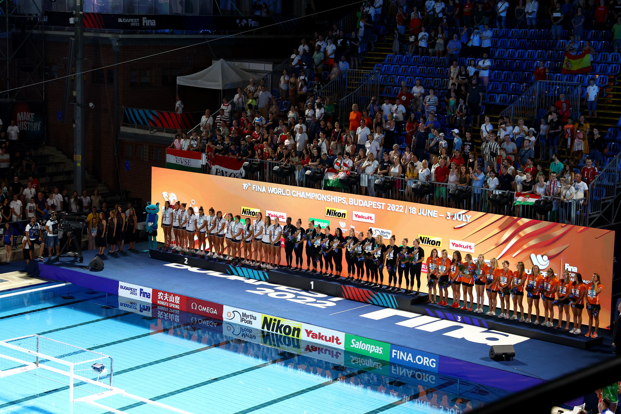 The US, centre, Hungary, left, and The Netherlands, right, made up the women's water polo podium at the FINA World Championships ©Getty Images