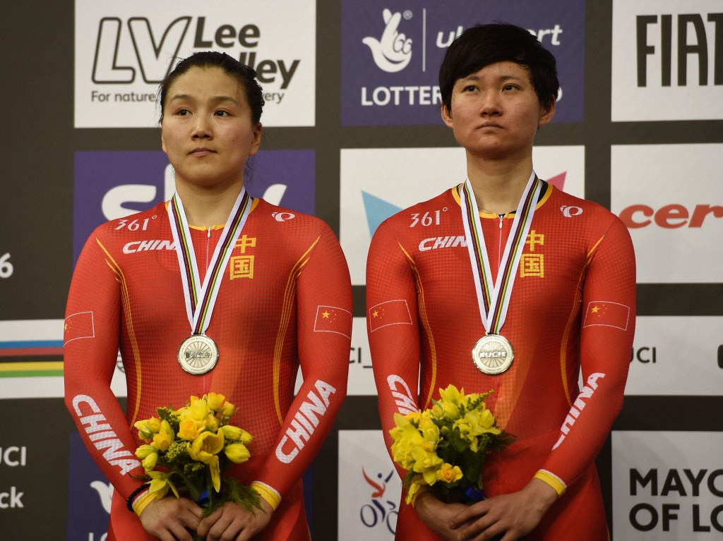 China’s Gong Jinjie and Zhong Tianshi struggled to hide their disappointment after an illegal change cost them gold ©Getty Images