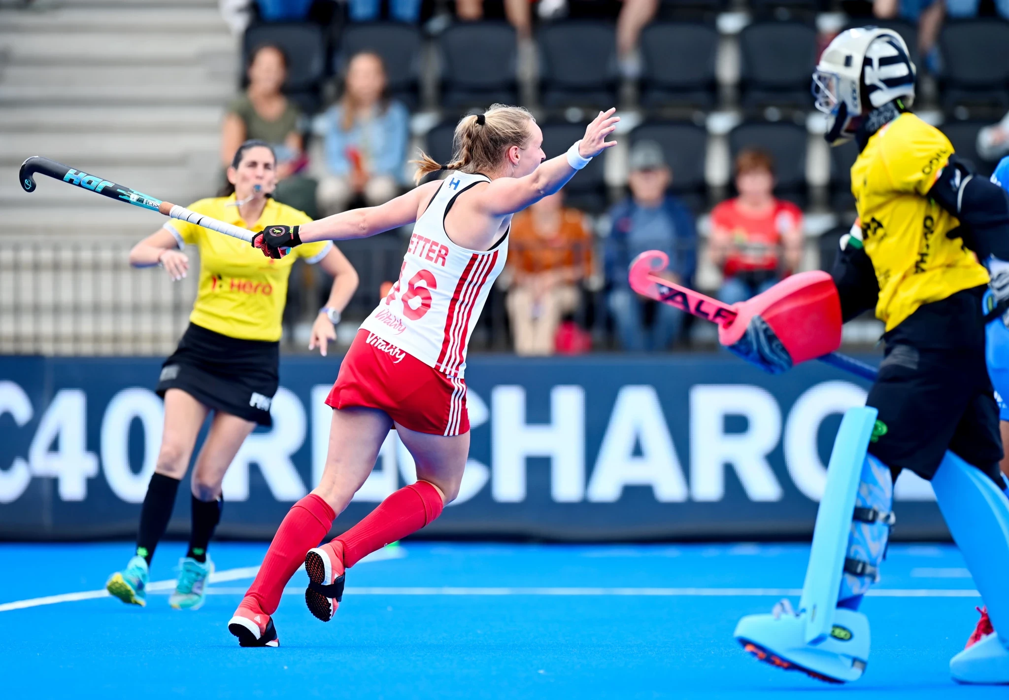 Izzy Petter put England ahead in their match against India but they came back to equalise as the match ended 1-1 ©England Hockey