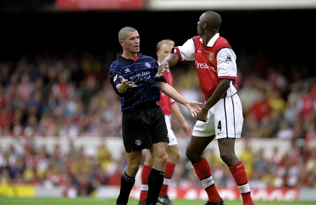 Manchester United's Roy Keane and Patrick Vieira of Arsenal at the sharp end of a meeting of the two sides in 1999 ©Getty Images