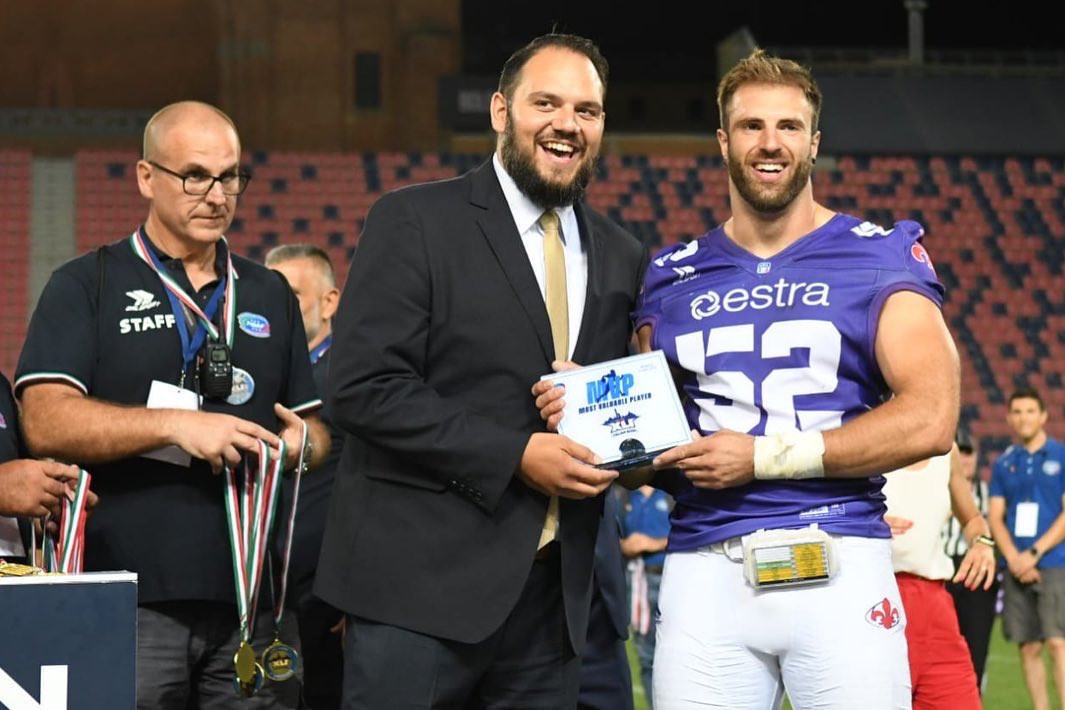 Pierre Trochet, President of IFAF, centre, visited the Italian Bowl in Bologna where American football's inclusion at Los Angeles 2028 was discussed ©IFAF