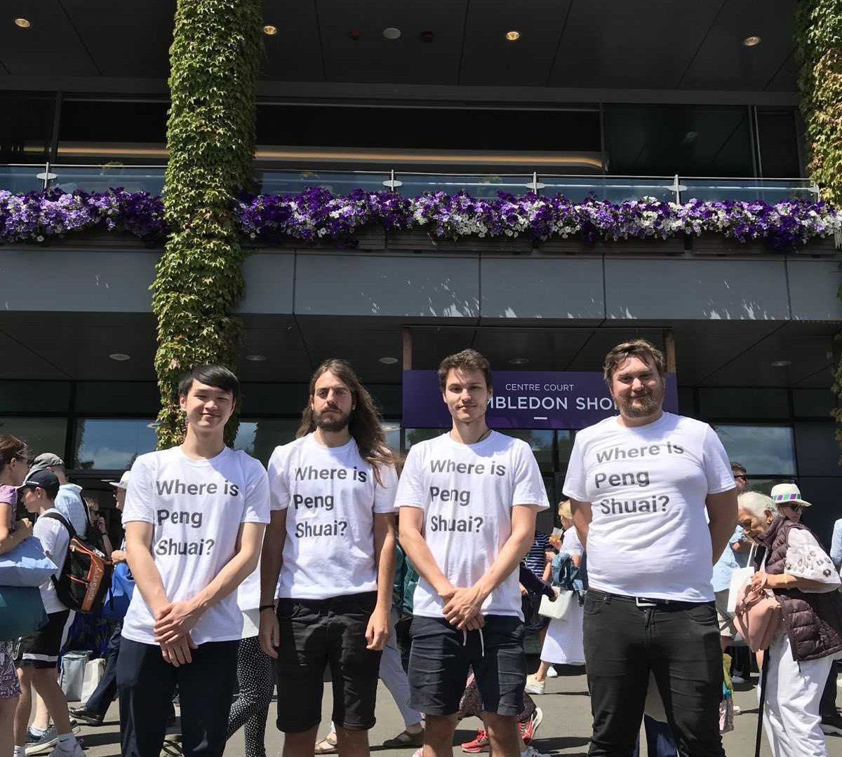 Free Tibet activists were stopped by members of Wimbledon's security for wearing "Where is Peng Shuai" tee-shirts ©Free Tibet