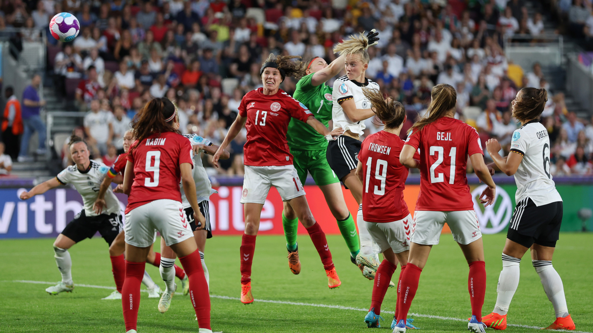 Lea Schuller headed in Germany's second goal as they beat Denmark 4-0 at UEFA Women's Euro 2022 ©Getty Images