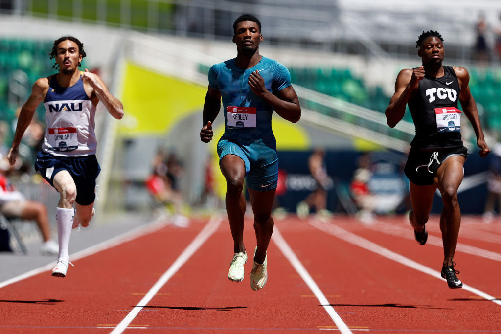 Fred Kerley, centre, the Tokyo 2020 100m silver medallist, is seeking a 100/200m double at the Oregon22 World Athletics Championships ©Getty Images