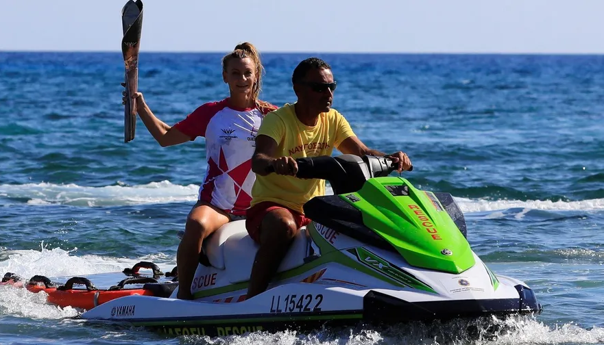 Cyprus was the first overseas country to welcome the Queen's Baton Relay, and took the baton on a jetski ©CGF