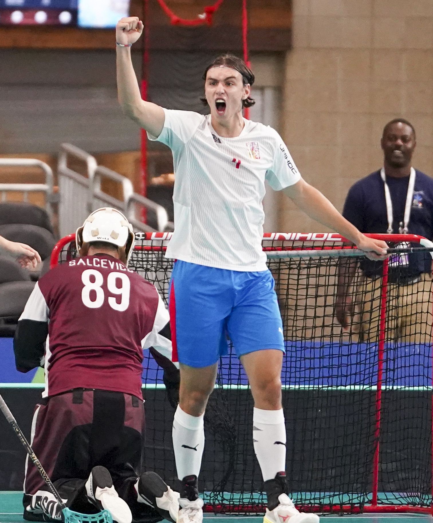Adam Hemerka, centre, featured in the Czech Republic team which earned men's floorball bronze by beating Latvia 7-3 ©Marvin Gentry/The World Games 2022