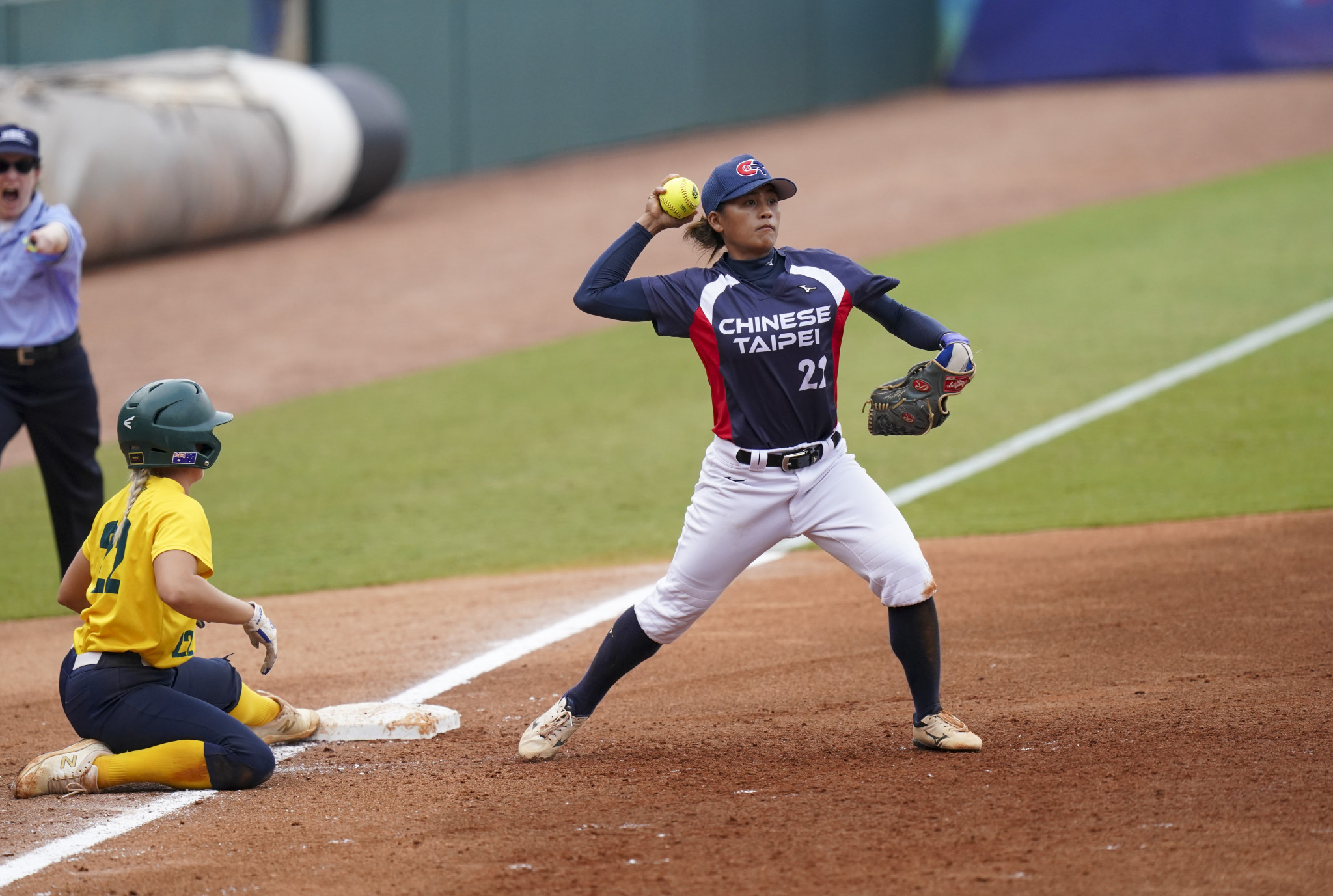 Liu Hsuan of Chinese Taipei, right, featured in the women's softball all-world team as third baseman ©The World Games 2022