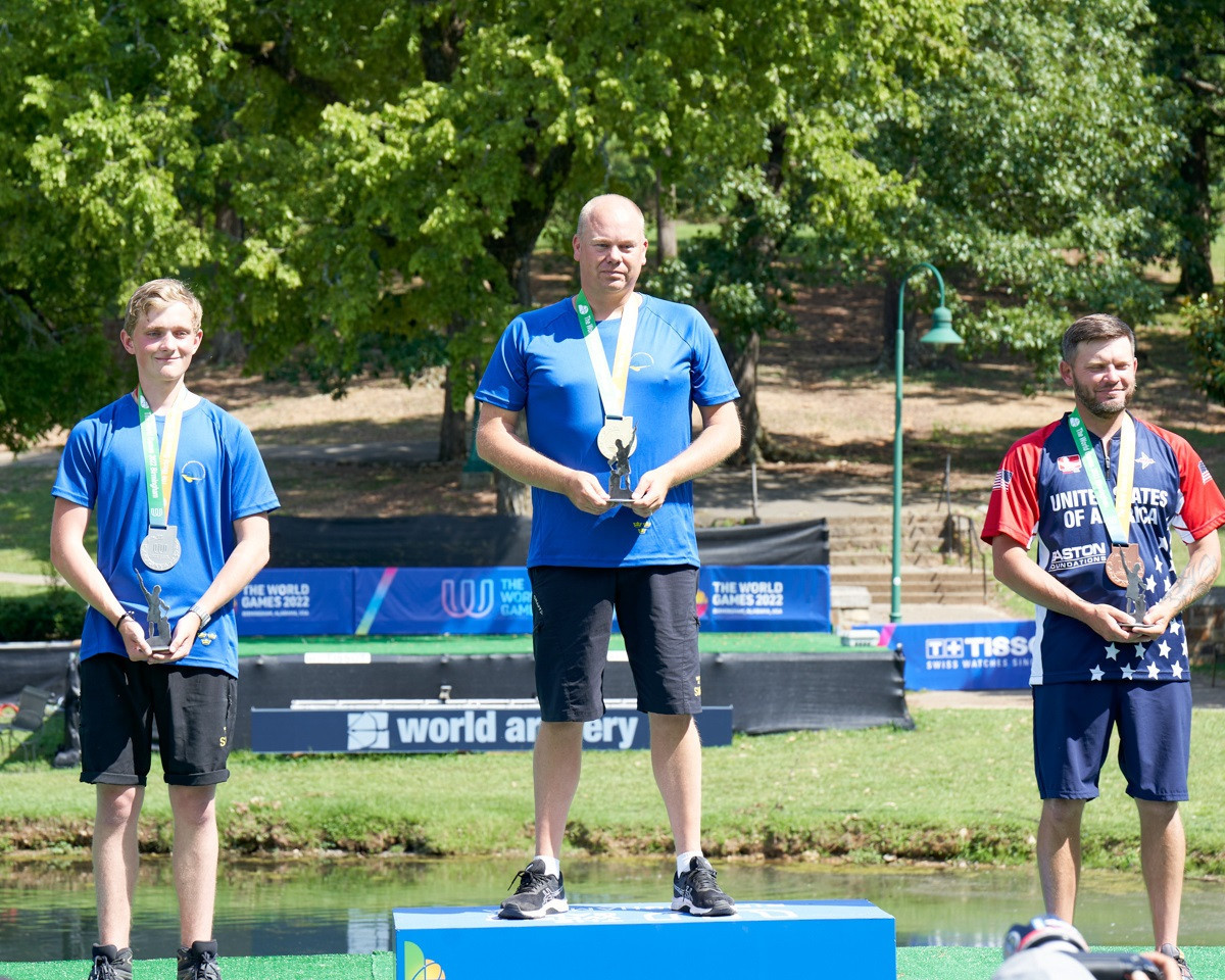 Erik Jonsson, centre, claimed gold, with Leo Pettersson, left, taking silver and Ryan Davis, right, picking up bronze ©World Games 2022