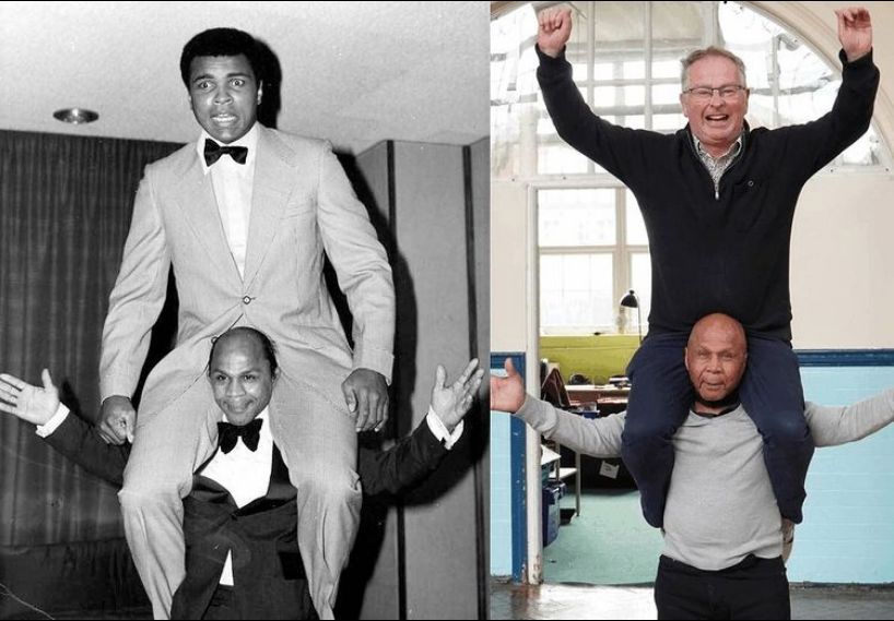 Precious Mckenzie with Muhammad Ali in 1974, left, and with Nick Sweeting of Stan's Cafe this month ©Stan's Cafe