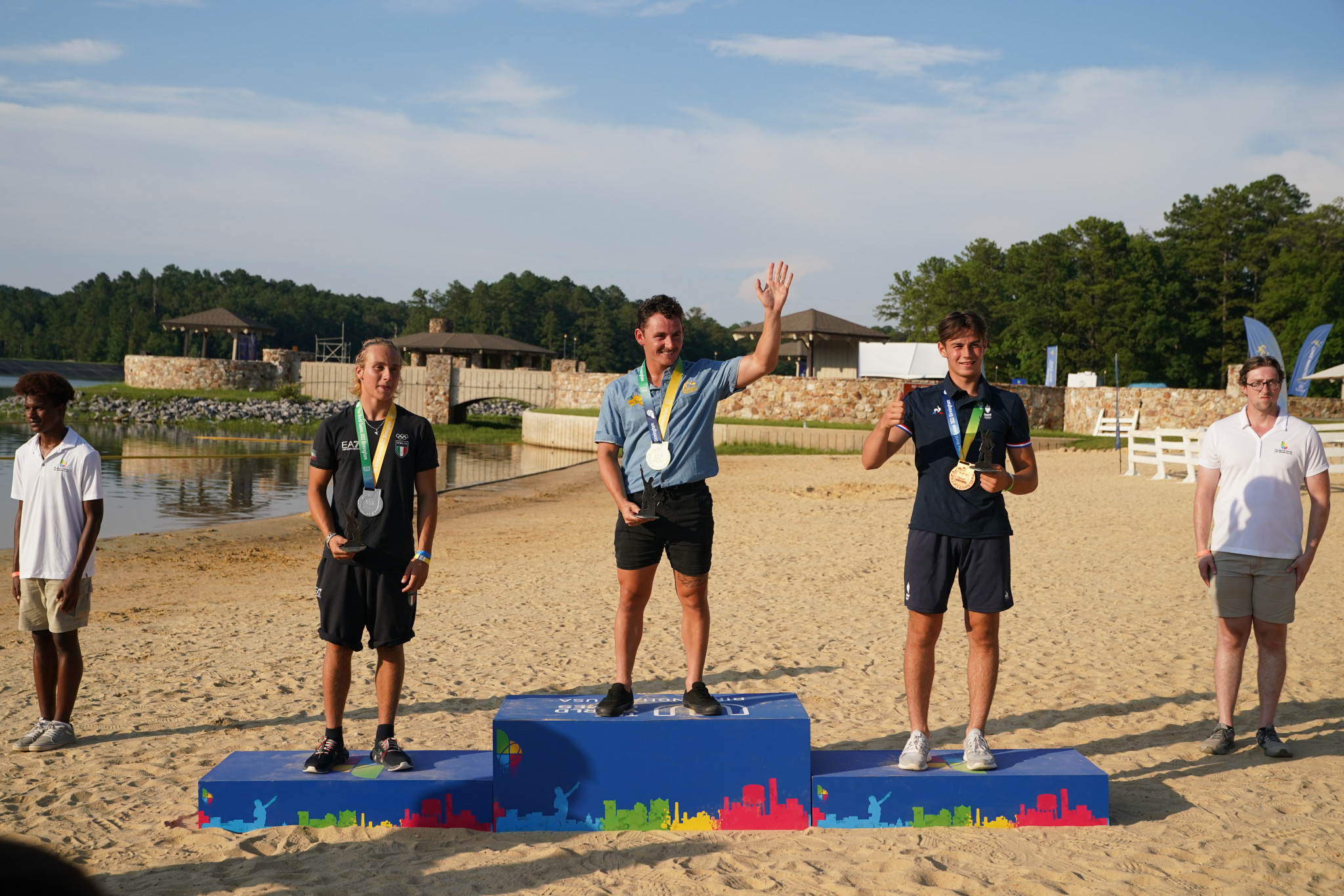 Nic Rapa, centre, topped the podium in the men's wakeboard freestyle ©The World Games 2022/Marvin Gentry