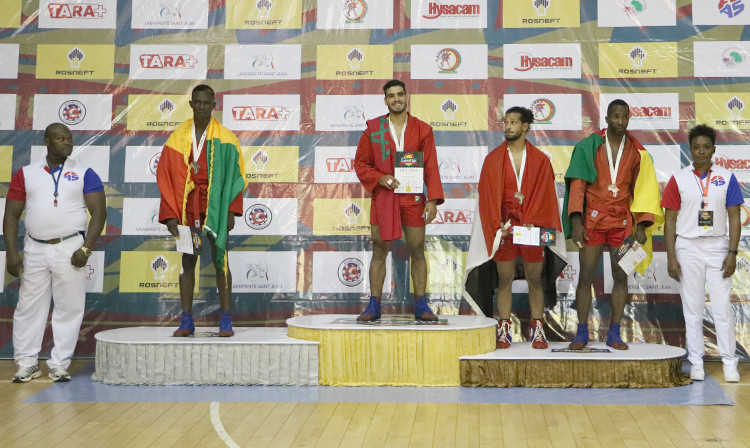 Moroccan Yassine Omari, centre, led the men's under-71kg podium and beat Mali's Youssouf 
 Diallo in the final  ©FIAS