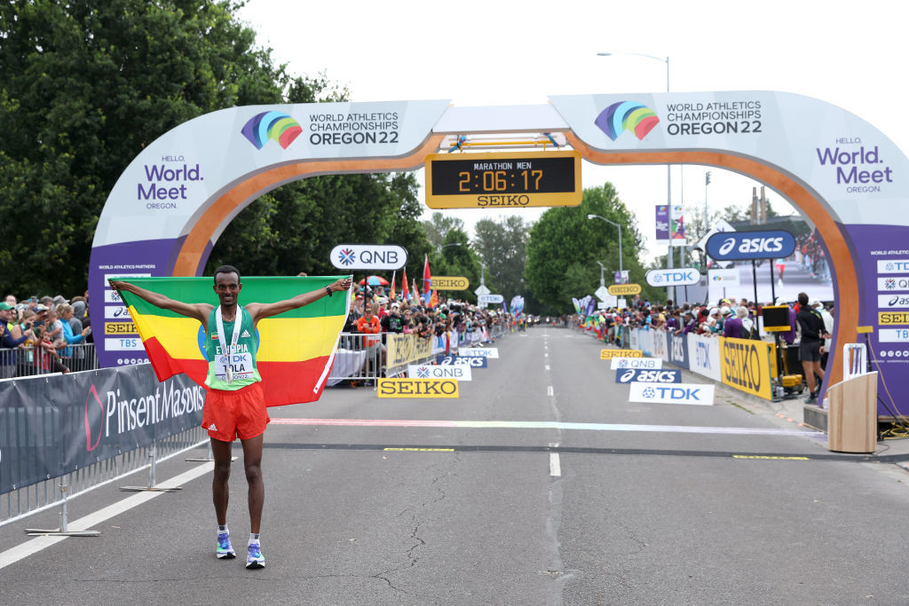 Ethiopia's Tamirat Tola won the men's marathon at Oregon22 in a Championship record ©Getty Images