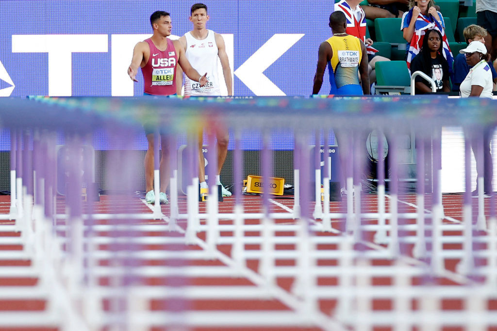 Local hero Devon Allen was disqualified from the 110m hurdles final for a false start by the smallest possible margin of a thousandth of a second on Day Three of the World Athletics Championships Oregon22 ©Getty Images