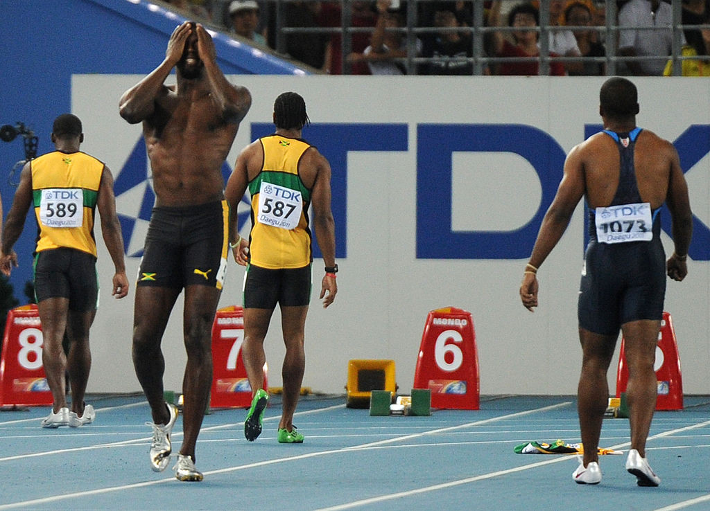 Agony for Usain Bolt as he is disqualified for a false start in the 100m final at the 2011 World Championships in Daegu ©Getty Images