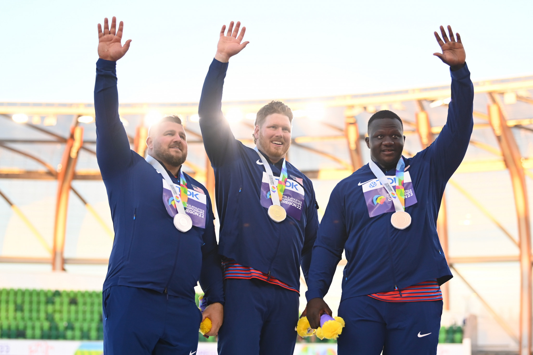 Crouse led an American podium sweep as 2019 champion Joe Kovacs, left, and Josh Awotunde came second and third, respectively ©Getty Images