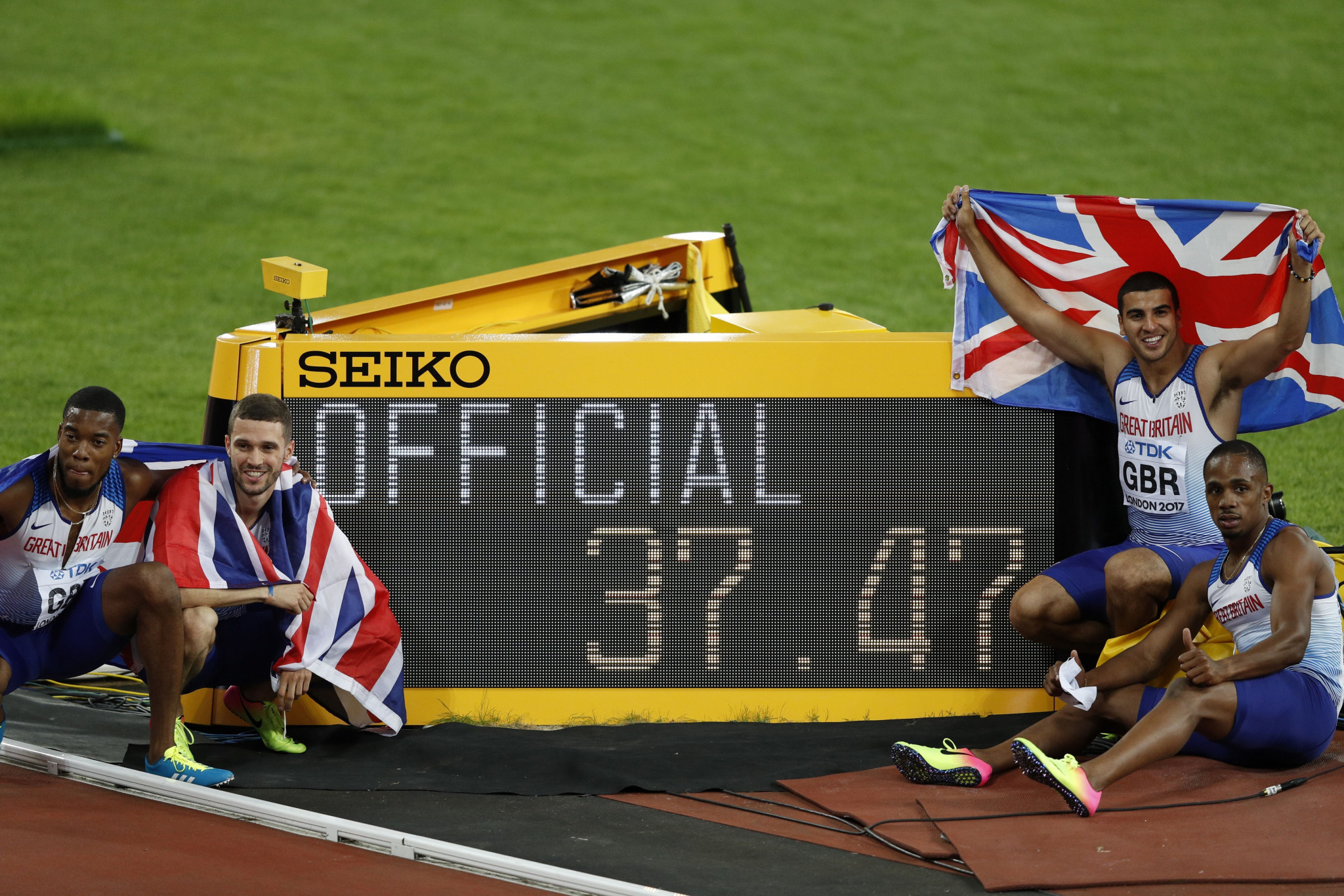 Adam Gemili, second right, helped Britain win a 4x100m relay world title in 2017 ©Getty Images