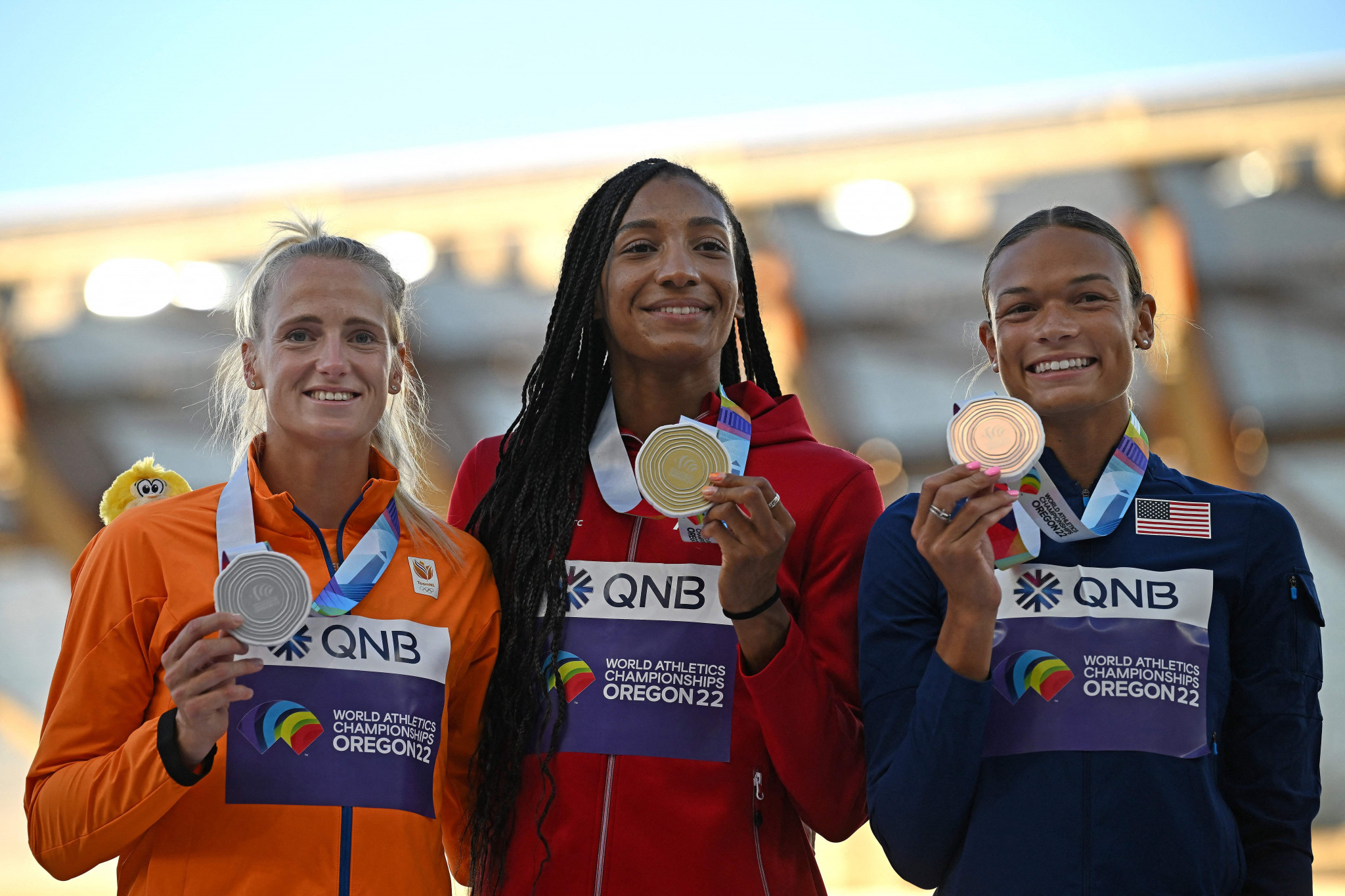 Nafi Thiam of Belgium on the podium with Anouk Vetter of The Netherlands and Anna Hall from the United States ©Getty Images