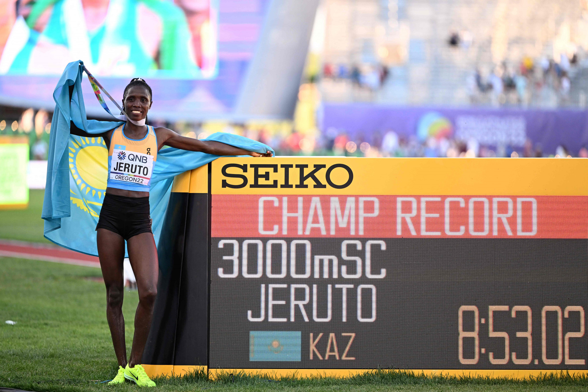Kazakhstan's Kenyan-born Norah Jeruto clocked in after a record 8min 53.02sec in the women's 3000 meters steeplechase in Eugene ©Getty Images