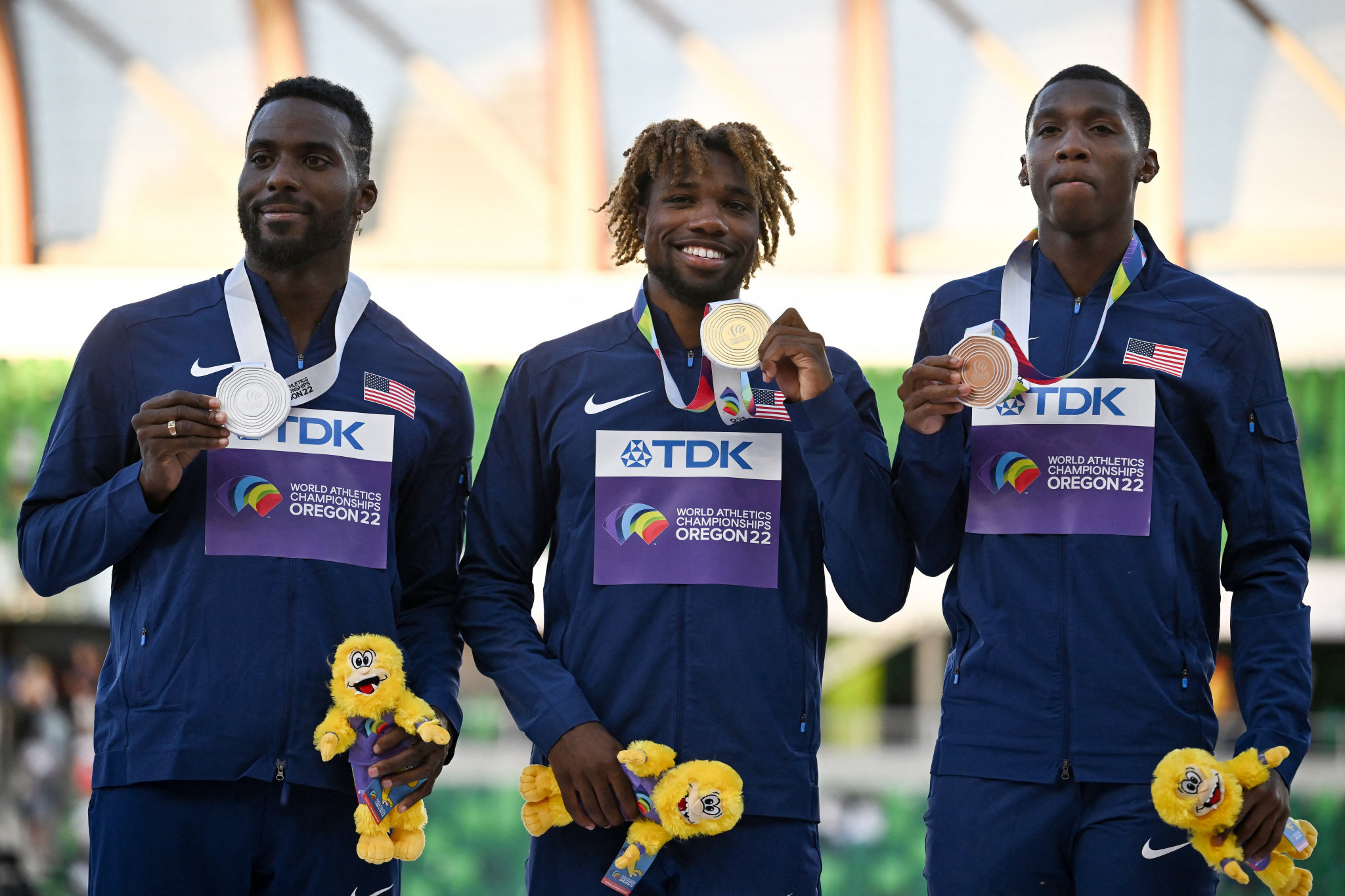 The US secured a podium sweep as Tokyo 2020 silver medallist Kenny Bednarek, left, won silver and Erriyon Knighton claimed bronze ©Getty Images
