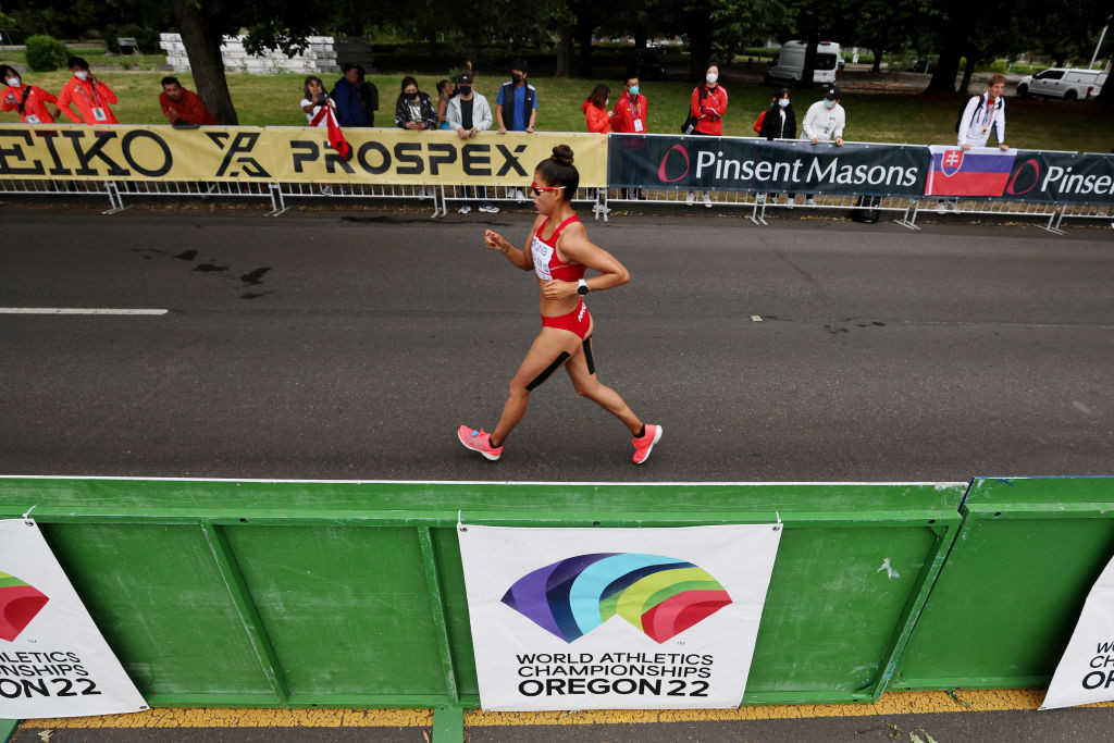 Peru's Kimberly Garcia Leon won the first 35km race walk event to be held at a World Athletics Championships to complete a golden double after her 20km victory on the opening day ©Getty Images 