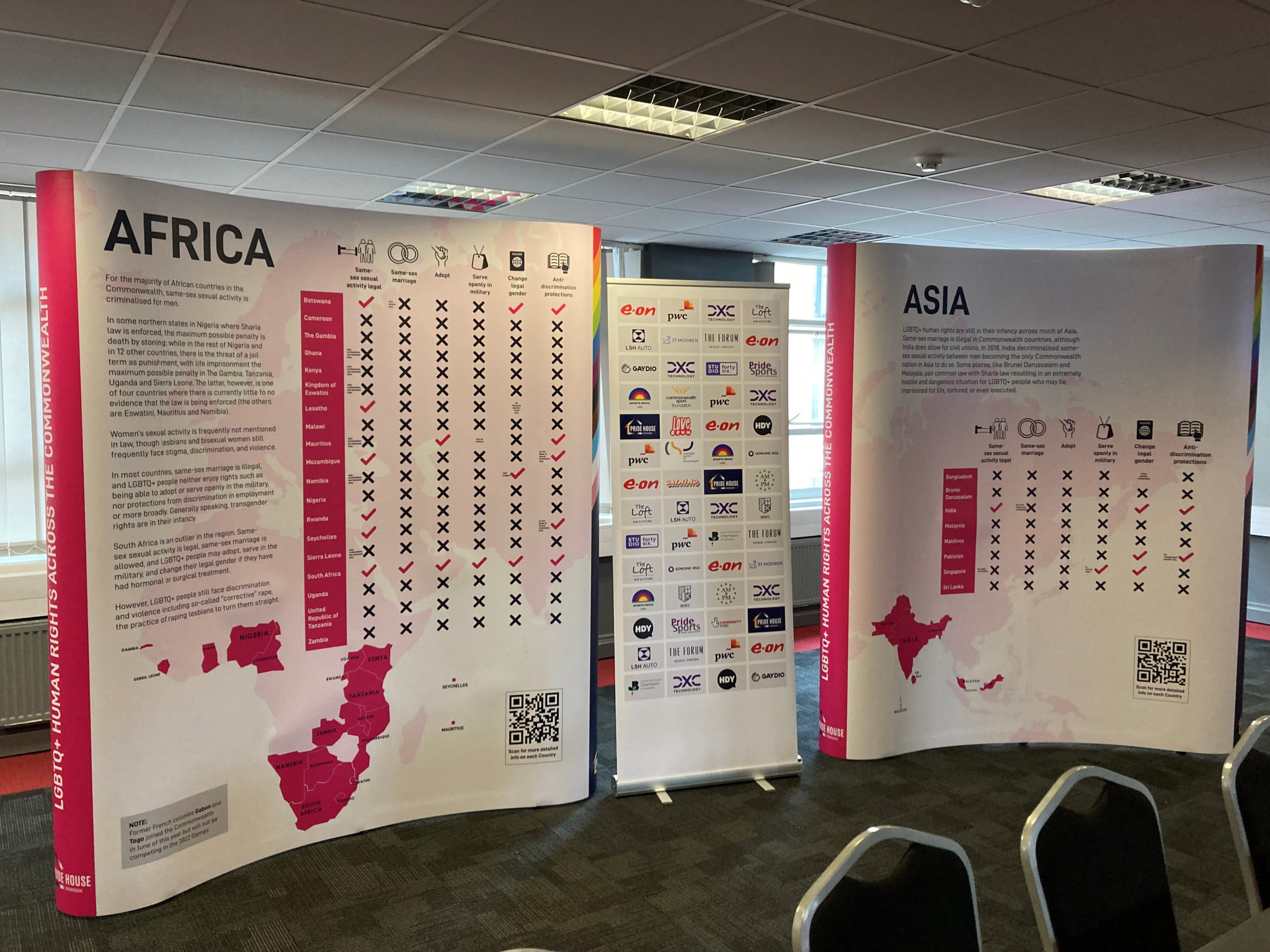 Pride House Birmingham features graphics showing LGBTIQ+ legislation in the countries of the Commonwealth ©ITG