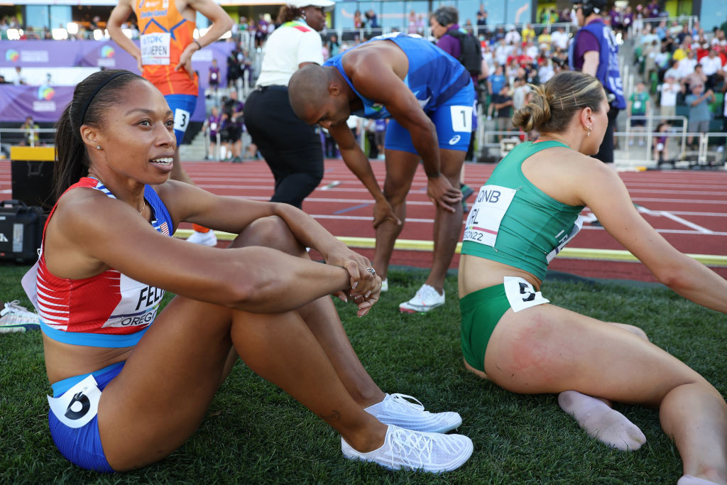 Allyson Felix, reflecting after winning 4x400 mixed relay bronze in Eugene last week, which she said was her last race, has answered the call to join the women's 4x400m relay team today ©Getty Images