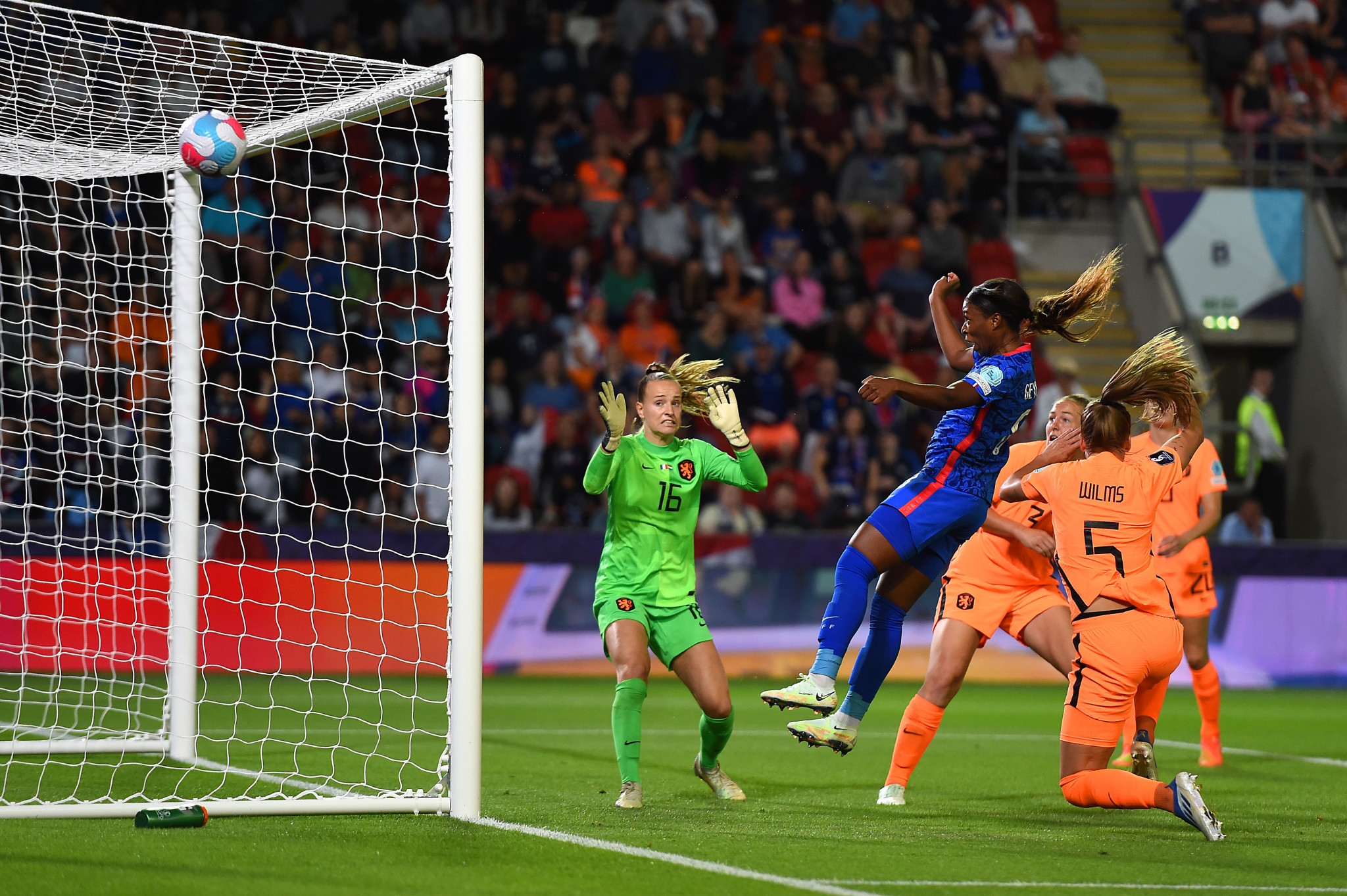 There will be a new name on the UEFA Women's Euro 2022 trophy after the Netherlands defence was ended in Rotherham tonight ©Getty Images
