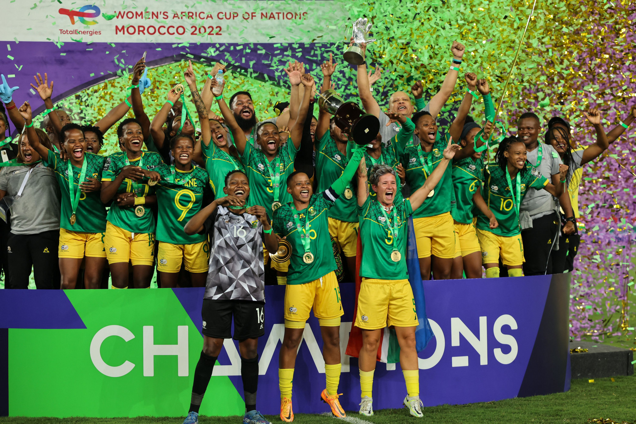 South Africa celebrate after winning a first ever Women's Africa Cup of Nations football title, beating Morocco 2-1 in Rabat ©Getty Images