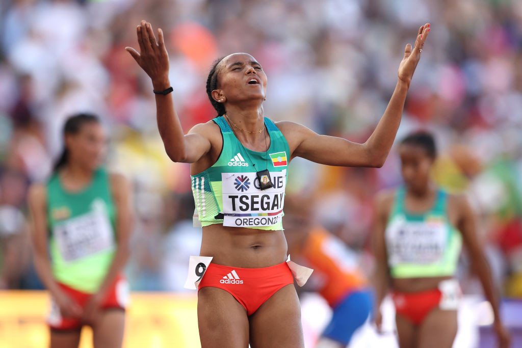 Ethiopia's Gudaf Tsegay celebrates women's 5,000m victory at the World Athletics Championships in Eugene ©Getty Images