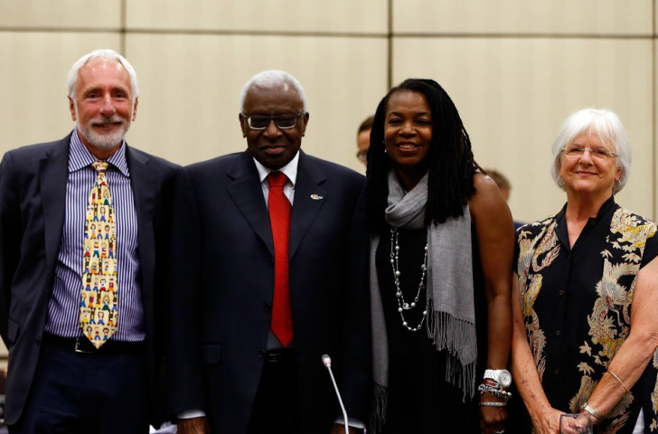 Vin Lananna, President of TrackTown USA (left) at the IAAF Council meeting in Eugene in July 2014 alongside (from left) IAAF President Lamine Diack, USATF President Stephanie Hightower and Eugene Mayor Kitty Piercy ©Getty Images