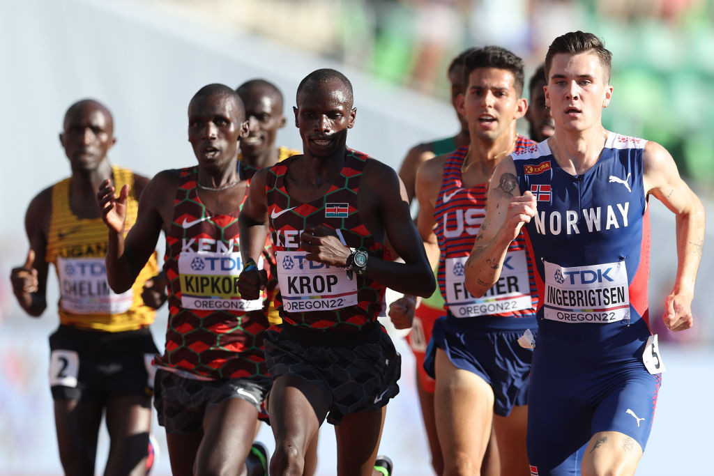 Norway's 21-year-old Jakob Ingebrigtsen, right, beaten in the 1500m, defeated a stellar field to win 5,000m gold at the World Athletics Championships in Eugene ©Getty Images