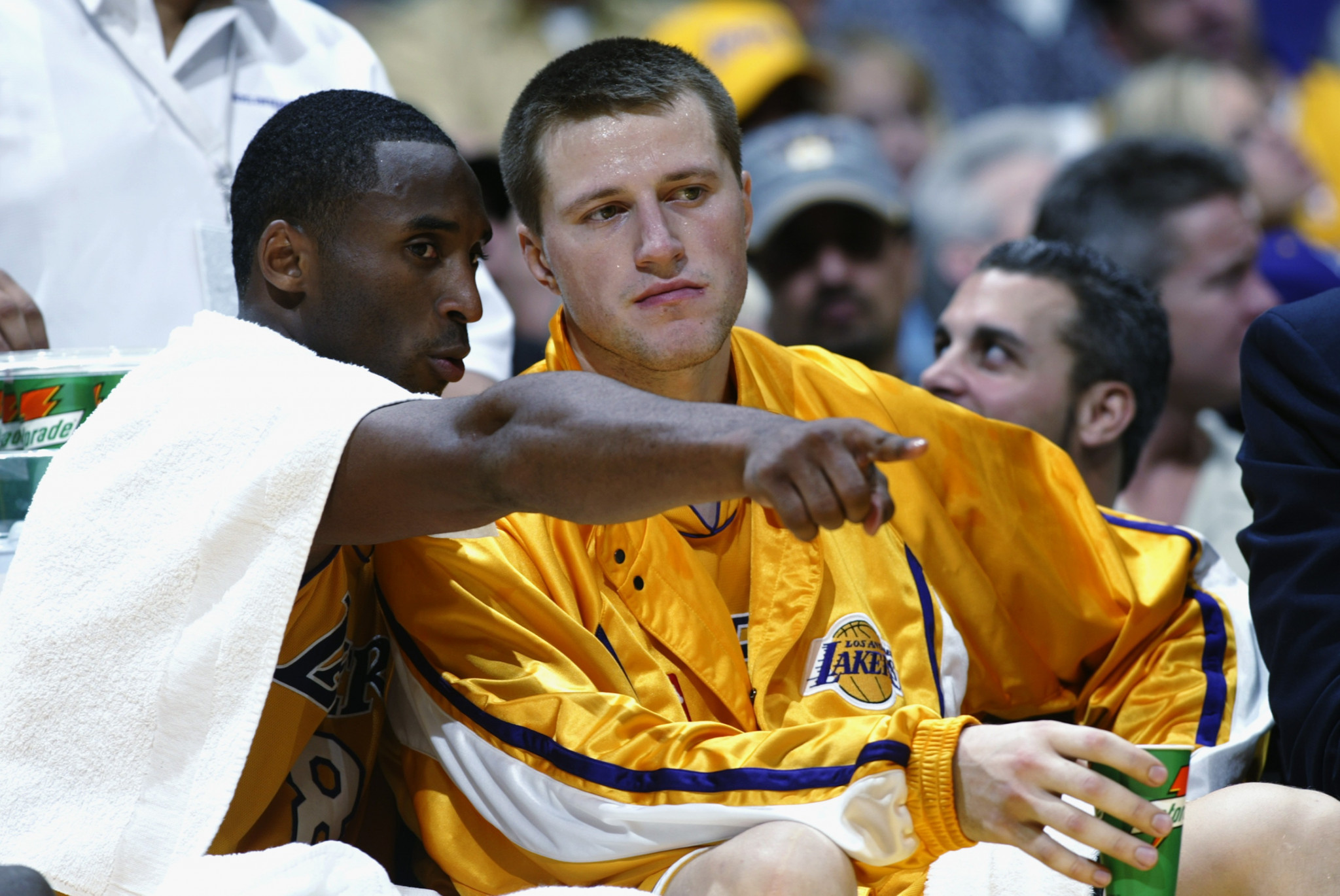 Slava Medvedenko, right, played alongside basketball great Kobe Bryant at the Los Angeles Lakers ©Getty Images