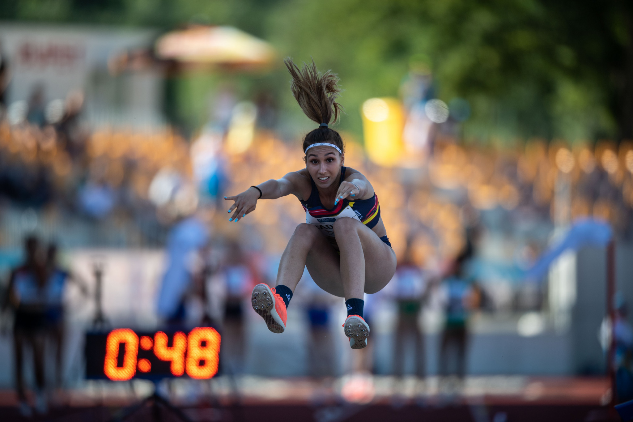 Romanian Monica Raduca was let down by a foul on her first attempt but still managed to scrape through the girls' long jump qualifier with the 5.55m effort that followed ©EOC