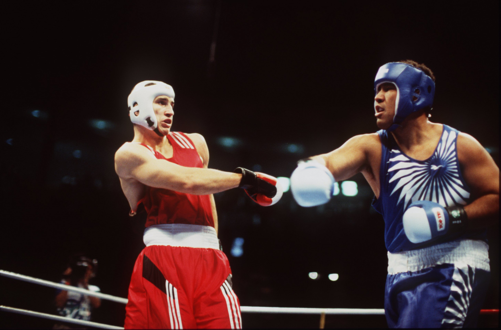 Boxer Paea Wolfgramm, right, losing the Atlanta 1996 super heavyweight final to Wladimir Kltschko, is Tonga's only Olympic medallist and has also reached the Commonwealth Games podium ©Getty Images