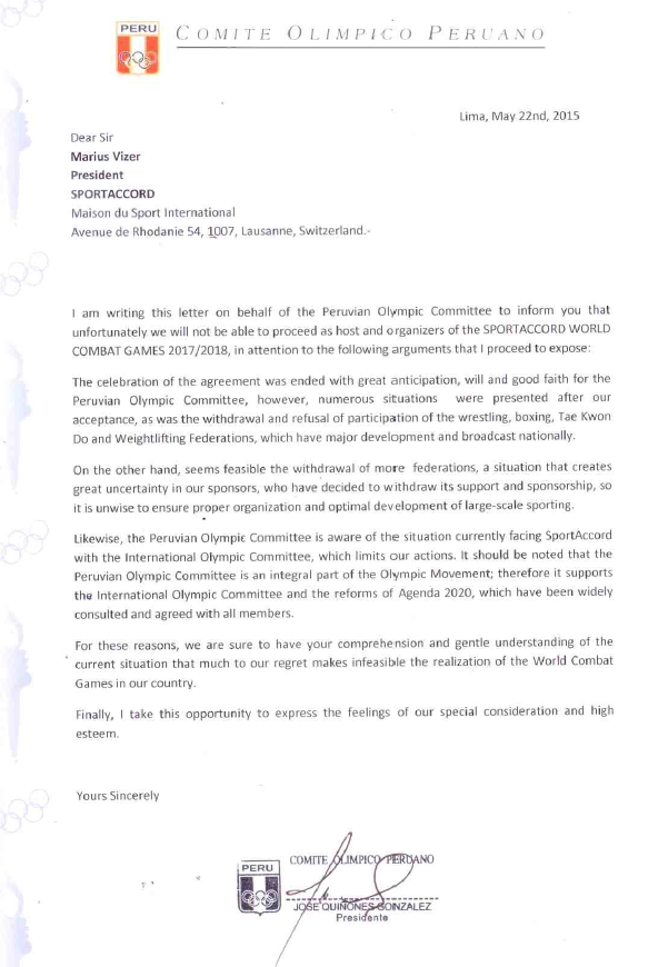 A letter confirming Lima's withdrawal sent by the Peruvian Olympic Committee to SportAccord President Marius Vizer ©ITG