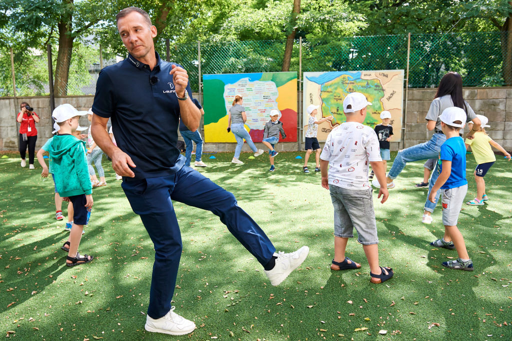 Ukraine's football legend Andriy Shevchenko visited refugee children at a summer school in Warsaw ©Getty Images