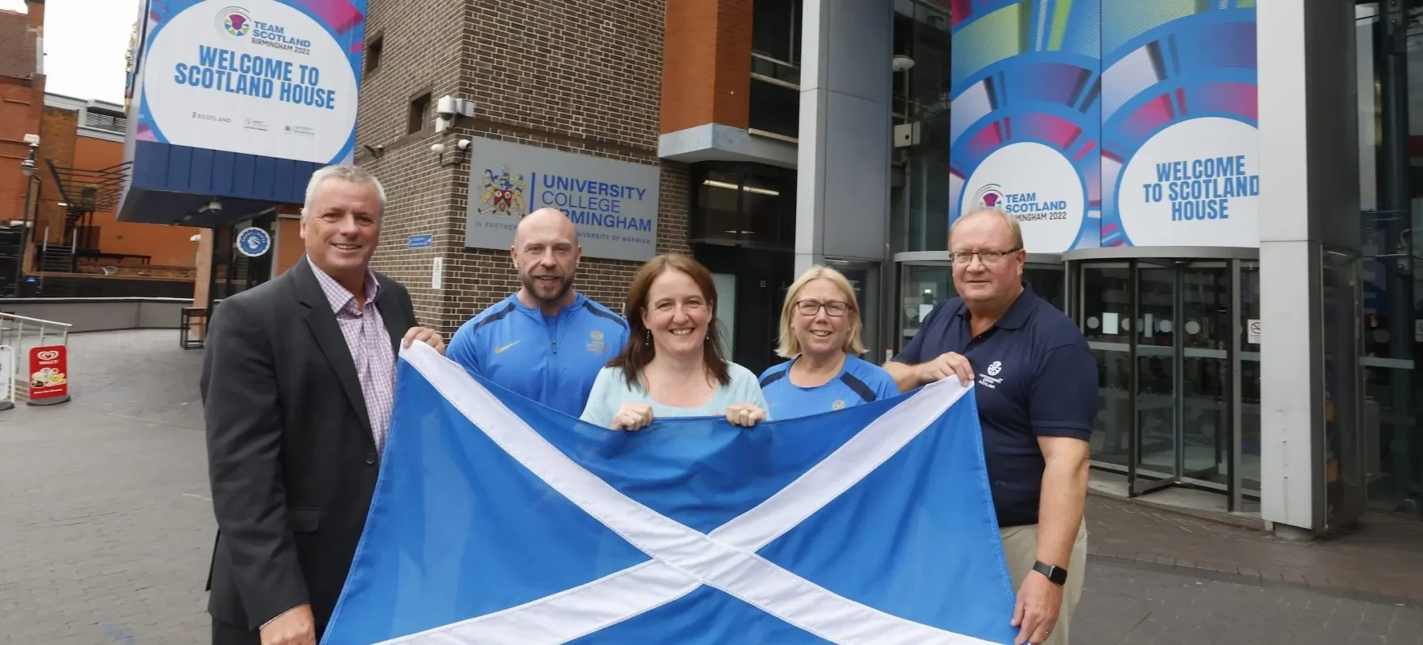 Scottish Minister for Public Health, Women's Health and Sport Maree Todd, centre, opened Scotland House at Birmingham 2022 ©Team Scotland