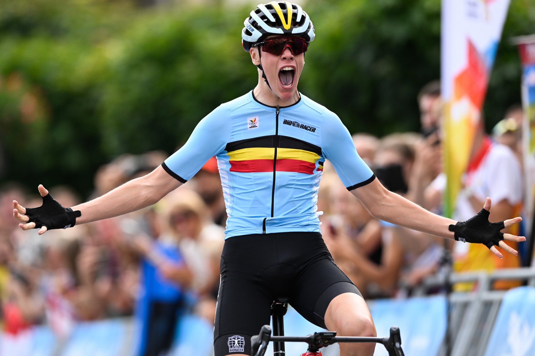 Cedric Keppens of Belgium was victorious in the boys' road race - which was 65.8km  long - as he crossed the line in 1:32:33 ©EYOF Banská Bystrica 2022