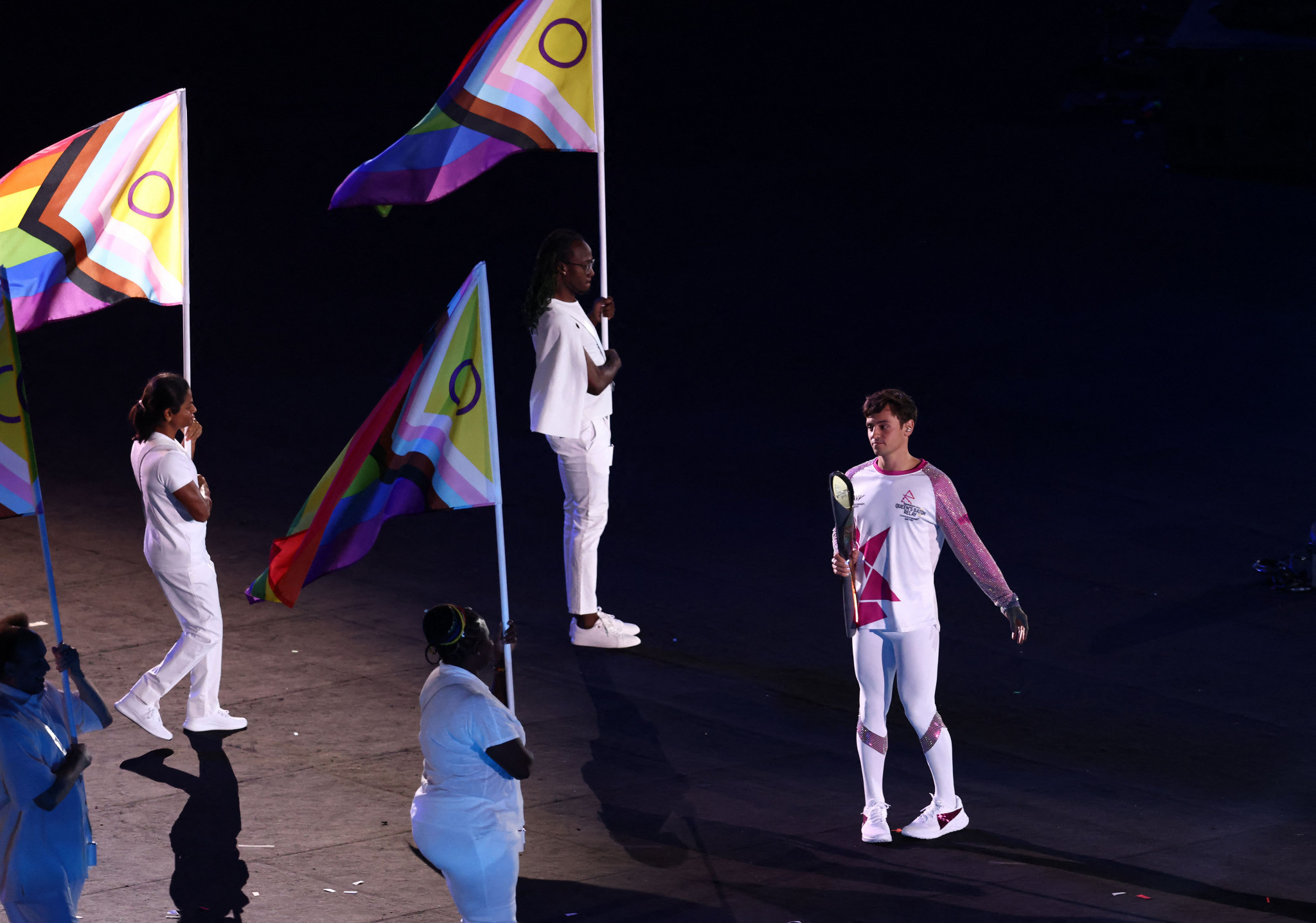 English diver Tom Daley, furthest right, used the Birmingham 2022 Opening Ceremony to raise awareness of LGBTQ+ rights across the Commonwealth ©Getty Images