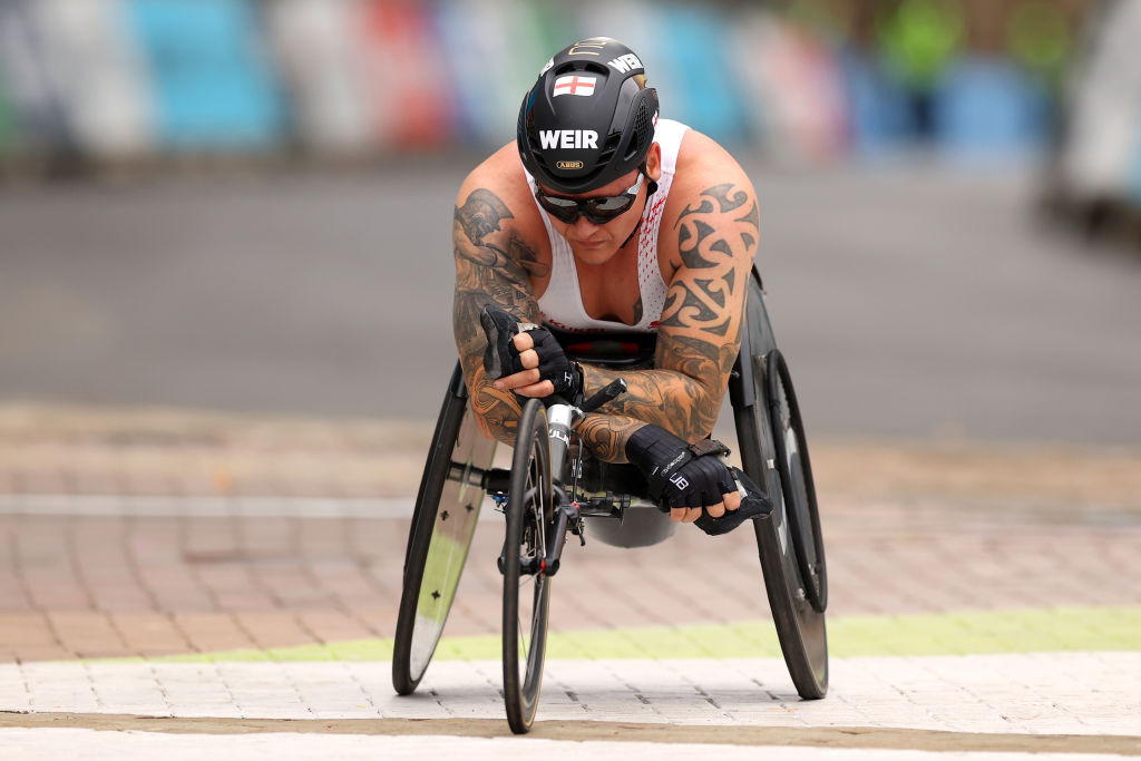 Britain's deflated David Weir wheeled over the line seventh in the men's T53/T54 marathon after getting a puncture while leading ©Getty Images