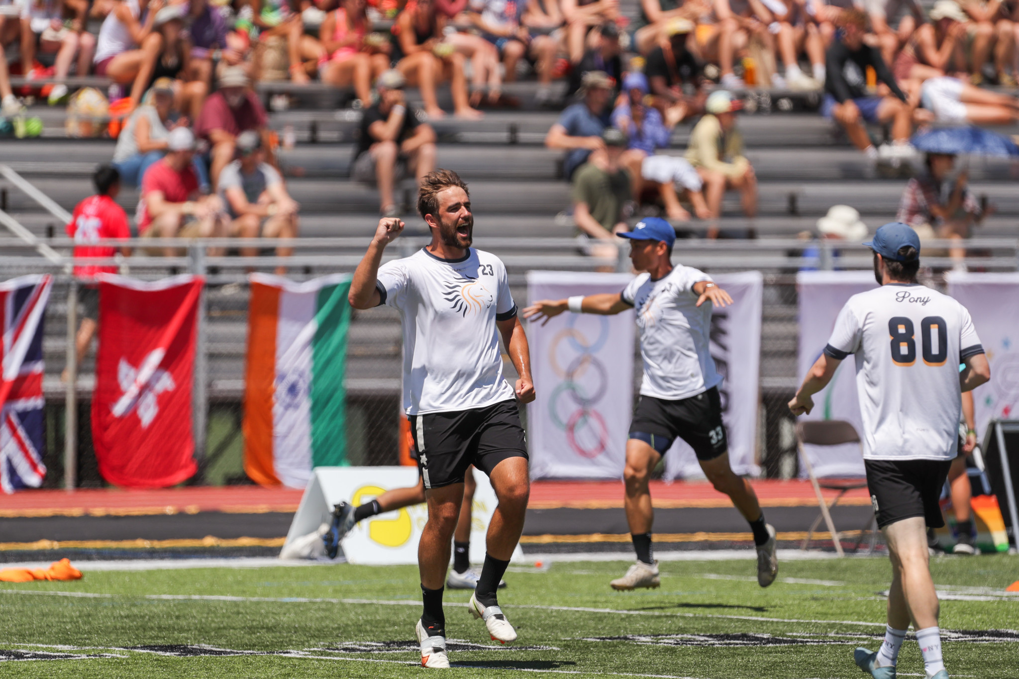 PoNY's Jimmy Mickle celebrated their tight victory over Raleigh Ring of Fire in the men's division final ©Paul Rutherford for UltiPhotos