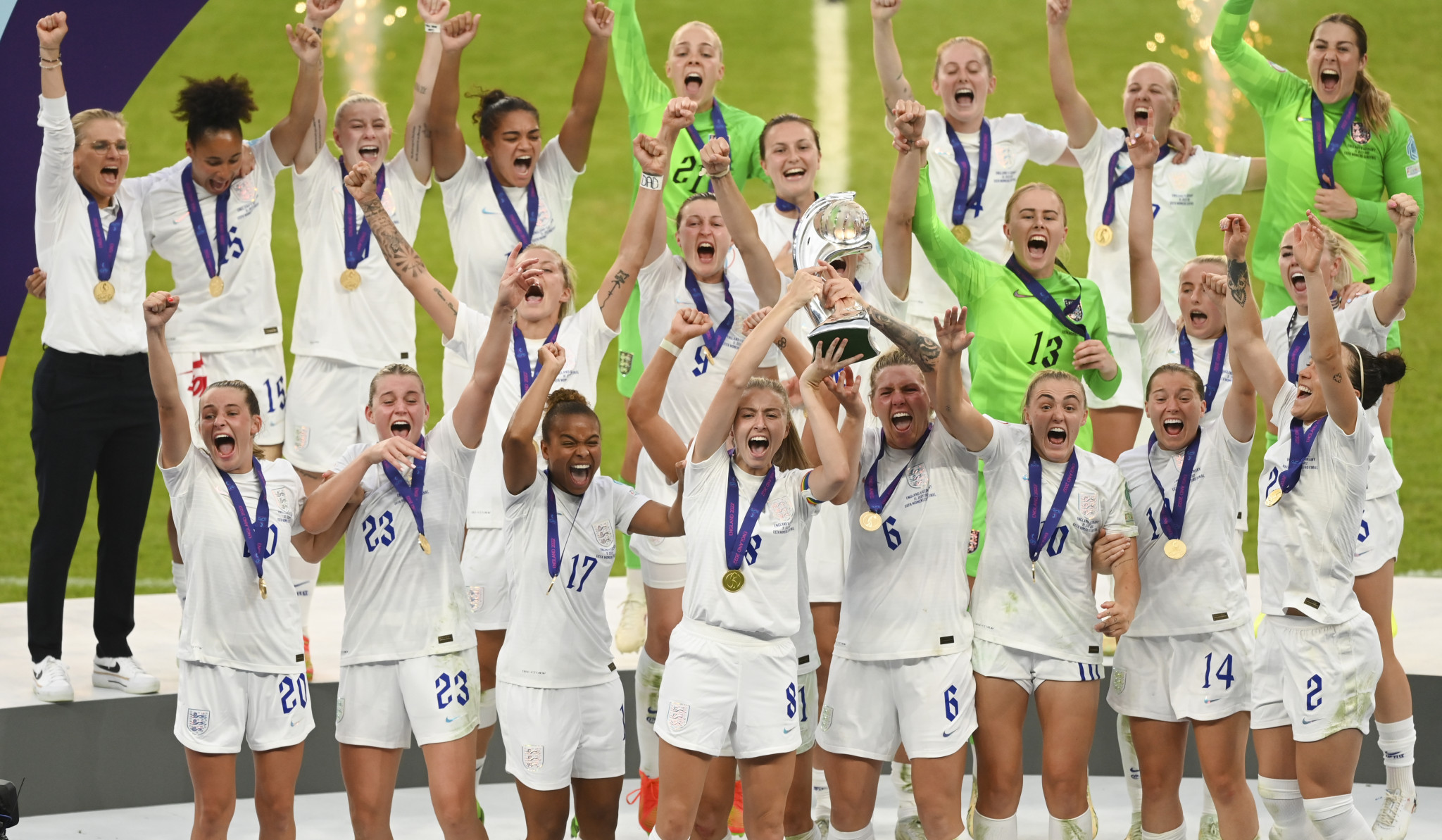 England lift the trophy following their UEFA Women's Euro 2022 triumph over Germany ©Getty Images