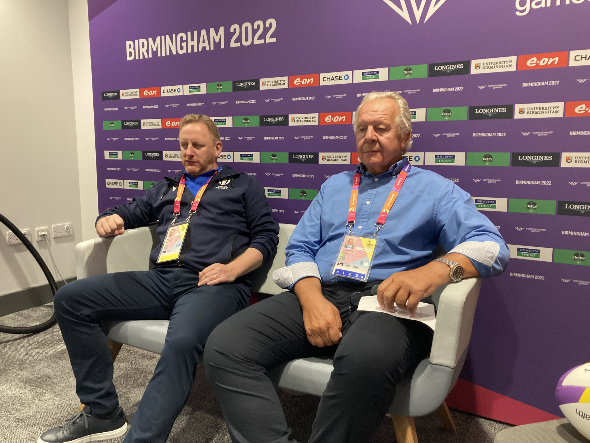 World Rugby chief executive Alan Gilpin, left, and chairman Sir Bill Beaumont, right, spoke to media at the Birmingham 2022 Commonwealth Games ©ITG