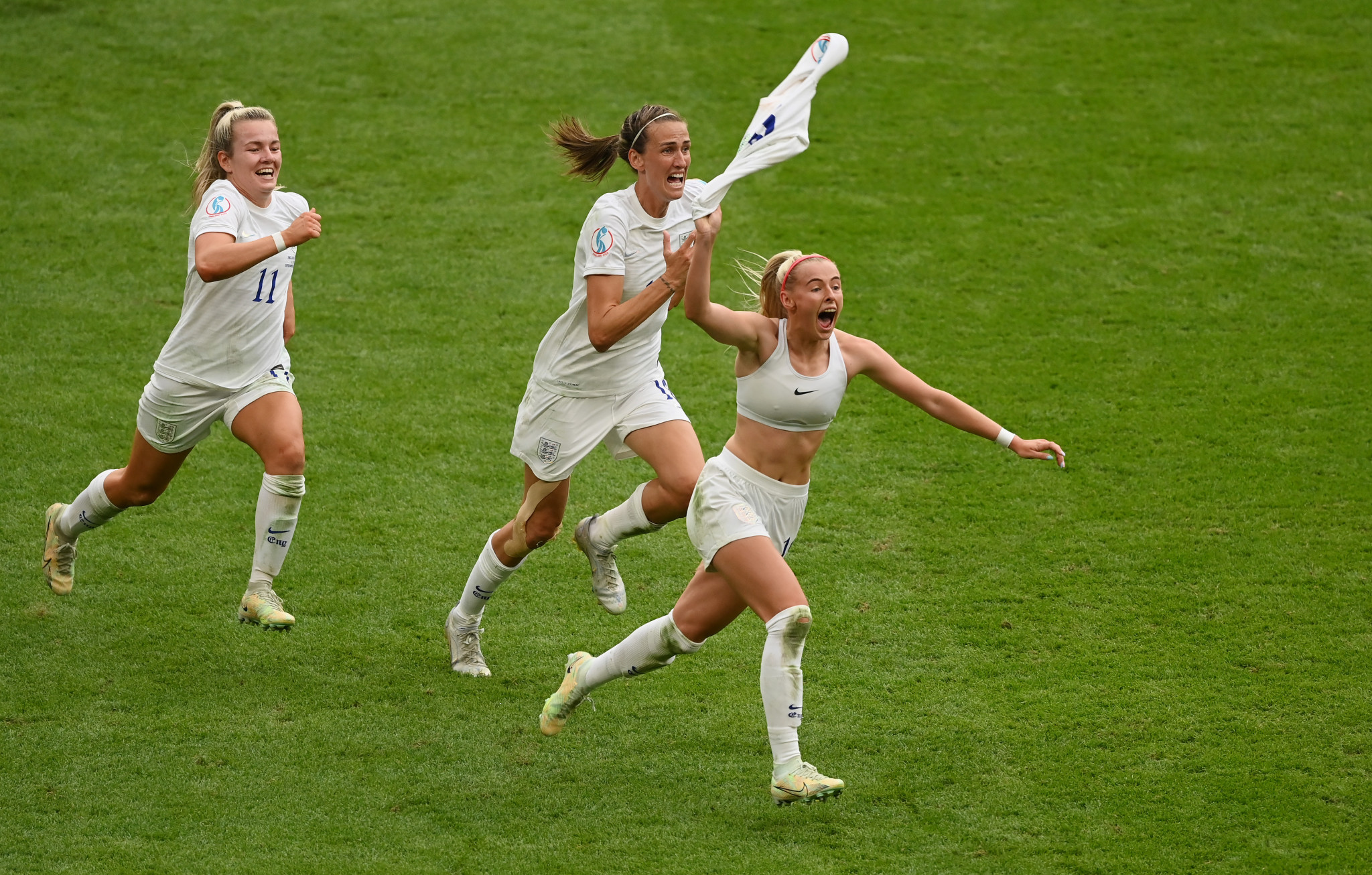 Chloe Kelly, pictured above with her shirt off in celebration, scored the winning goal as England beat Germany to triumph at Women's Euro 2022 and the end the nation's 56 year gap since their last major international football trophy ©Getty Images